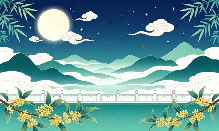 月夜金桂山水国潮插画