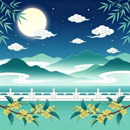 月夜金桂山水国潮插画