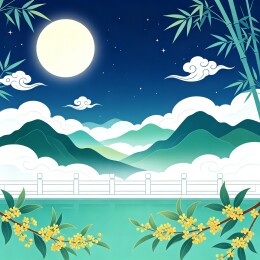 月夜金桂山水国潮插画