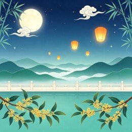 孔明灯夜桂山水国潮插画