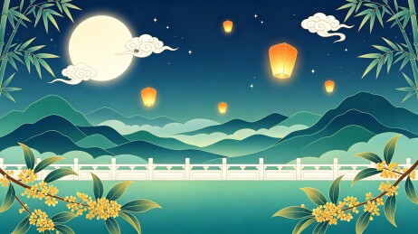 孔明灯夜桂山水国潮插画