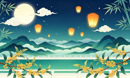 孔明灯夜桂山水国潮插画