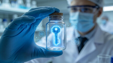 科学家手持带钥匙玻璃瓶