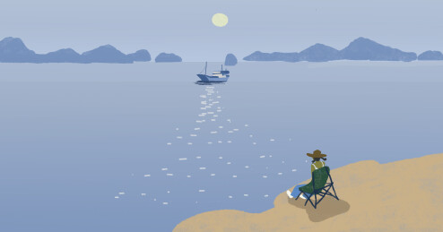 手绘夏日海边度假插画，坐椅看水面小船风景