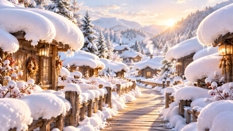 雪乡蘑菇木栈晨光电商展示背景