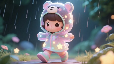 儿童雨中卡通插画