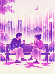 月夜长椅上两人手捧热饮交谈