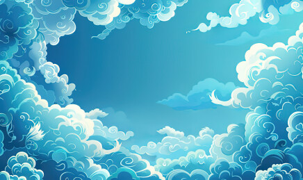 蓝色天空中卷曲云朵环绕形成心形空洞