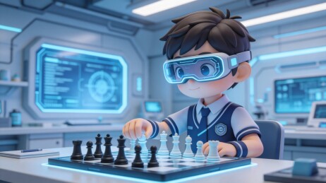 眼镜男孩下棋科技实验室场景