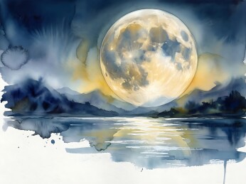 水彩月夜湖景满月图