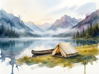 山湖晨雾湖畔露营水彩画