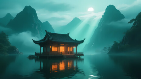 水中亭阁月夜禅境