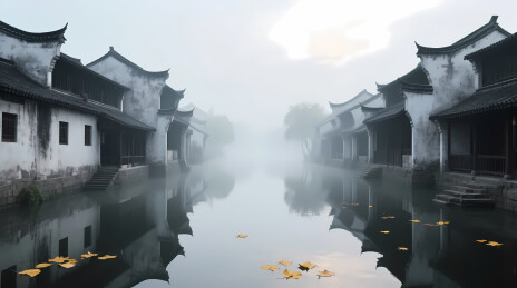水墨江南水乡晨景