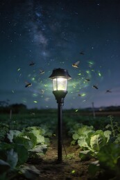 夜空下的菜园灯与飞虫