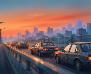 黄昏城市高架车流插画