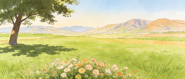 绿野花丛山树美景