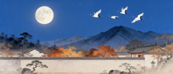 明月高悬古建筑群鹤舞夜空