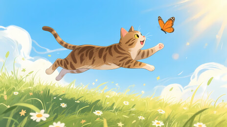 棕猫跃起追蝴蝶