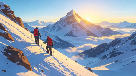 登山者雪山日出风景插画