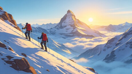 登山者雪山日出风景插画