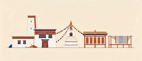 藏式建筑风格，包括寺庙、佛塔和经幡等元素