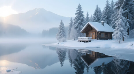 冬日雪中小木屋
