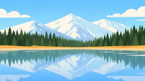雪山松林湖光倒影