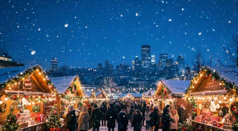 雪夜圣诞集市灯火辉煌
