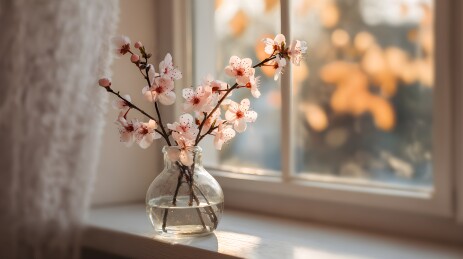 窗台上的桃花玻璃瓶