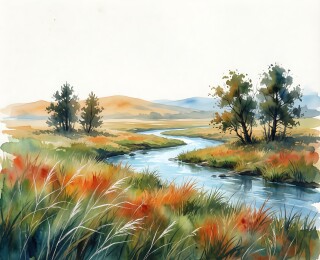 秋日郊野溪流水彩风景