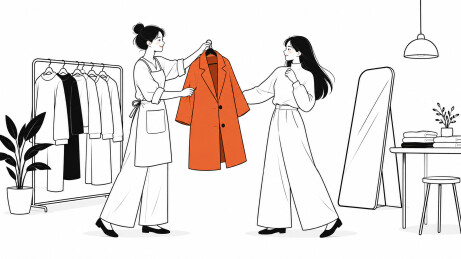 服装店店员向顾客展示大衣