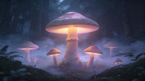 幽暗森林之中巨型彩色发光蘑菇场景