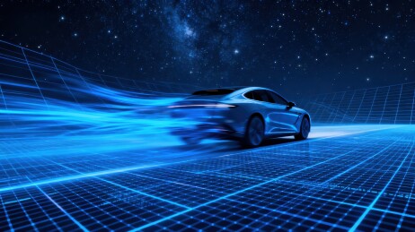 未来汽车在星空网格道路上疾驰