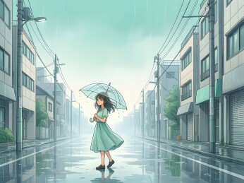 雨天街道撑伞的少女