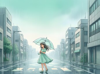 雨天城市街道撑伞的少女