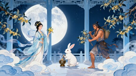 中秋月圆夜嫦娥玉兔与吴刚的插画