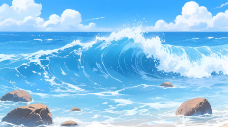 蓝色卷浪夏日海滨