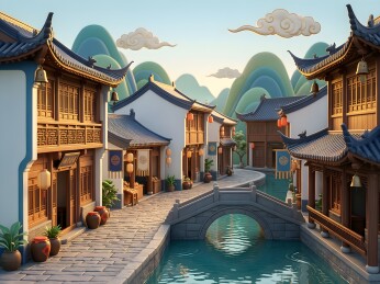 3D卡通江南水乡古镇