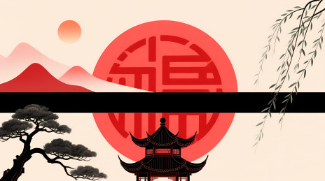 红色圆纹东方山水