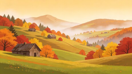 秋山村落治愈风景插画