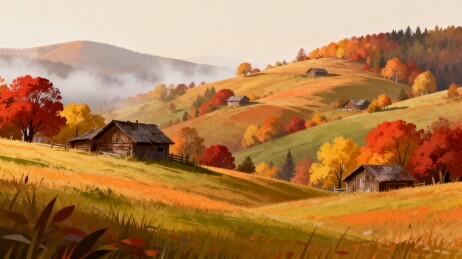 秋山村落治愈风景插画