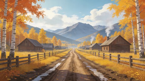 木屋秋林乡村山路风景
