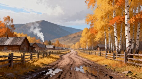 木屋秋林乡村山路风景