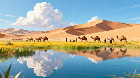 沙漠驼队风景插画背景