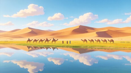 沙漠驼队风景插画背景