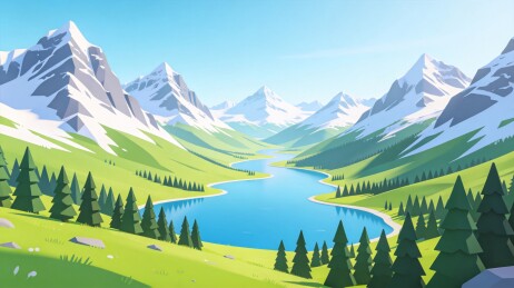 雪山湖泊河谷风景插画
