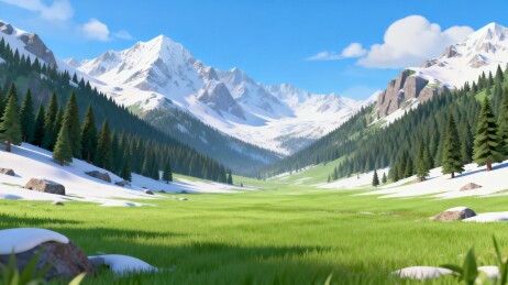 雪山草甸松林晴日自然背景