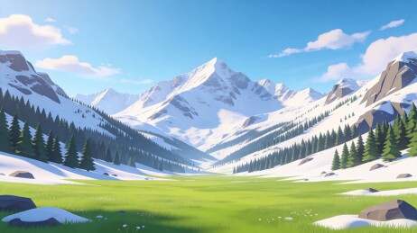 雪山草甸松林晴日自然背景