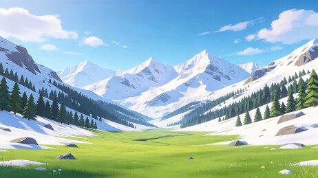 雪山草甸松林晴日自然背景