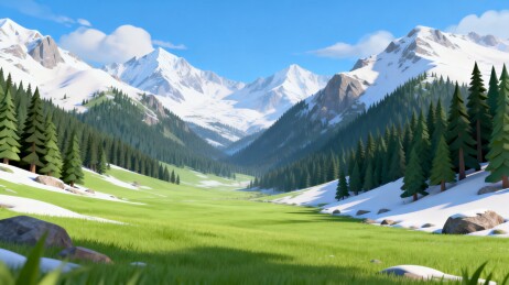 雪山草甸松林晴日自然背景
